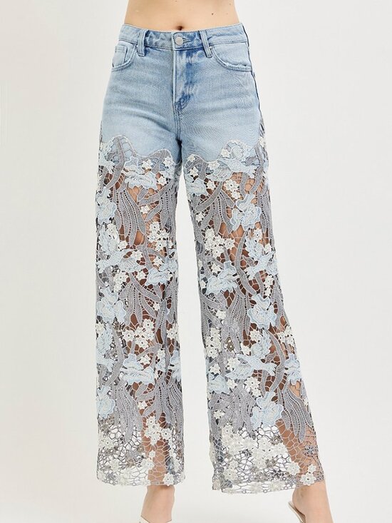 Risen Denim - AR_PW21784 L Risen High Rise Wide Patchwork Lace Panel Jeans Various Sizes
